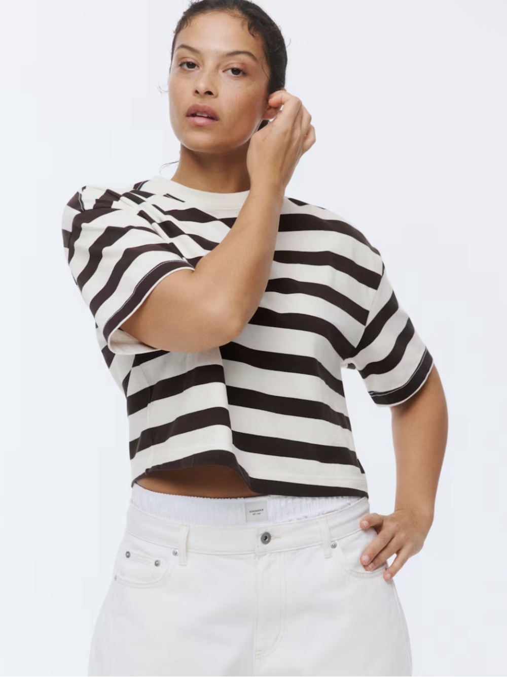 H&M Striped Boxy Crop Top - White & Dark Brown